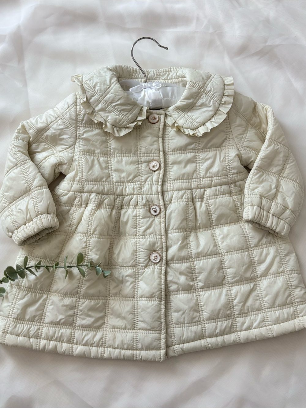 Quilted Ruffle Collar Baby Coat in Cream